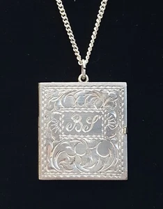 Antik Sterling Silber 2 Foto Medaillon 1,25" aufklappbar Buch geätzt 29" Halskette 925 - Bild 1 von 24