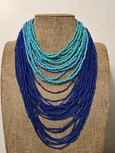 HEAVY! Multi-Strand Turquoise Royal Blue Silver Tone Boho Seed Bead Necklace - Picture 1 of 4