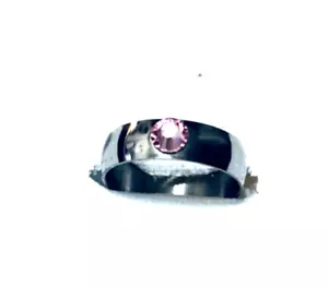Men’s Pink Crystal Silver Stainless Steel Pinky Ring Size 7.5 - Picture 1 of 5