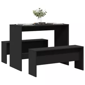 Black Dining Table & Bench Set 3 Piece Dinner Engineered Wood Space Saving Set - Picture 1 of 10