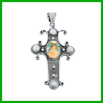 Natural Spiny Oyster Copper Turquoise 925 Sterling Silver Bezel Handmade Pendant - Image 1 of 4