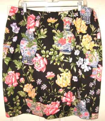 TALBOTS SKIRT SZ 16W BLACK BLUE AND YELLOW CHINESE PRINT LINED SILKY COTTON EUC - Image 1 of 4