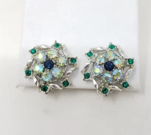 Pendientes Clip Vintage AB Azul Verde Tono Plata Estrás - Imagen 1 de 3