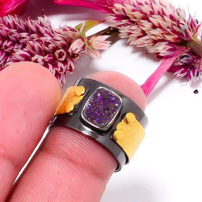 Anillo de plata de ley 925 chapado en oro druso ágata de titanio púrpura s.6.5 Sku12 Foto 1 de 4