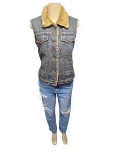 Gap Y2K Vintage Vest Women's Denim Faux Fur Lined Blue Jacket sz S - Picture 1 of 11