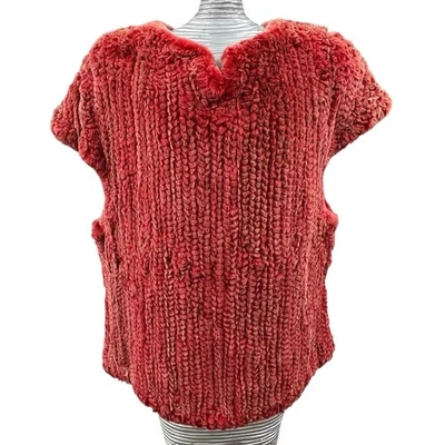 Red Dyed Knitted Rex Rabbit Genuine Fur Sweater Short Sleeve Cozy Luxury - Image 1 of 4
