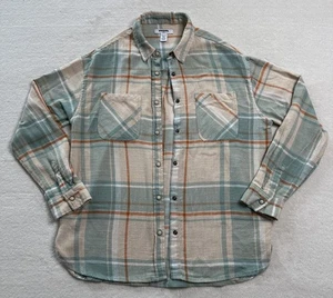 Camisa RSQ de franela a cuadros manga larga para mujer talla pequeña naranja, verde azulado y crema - Imagen 1 de 6