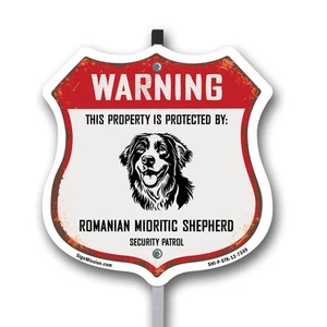 Warning Property Protected by Romanian Mioritic Shepherd Shield Sign With Stake - Picture 1 of 14