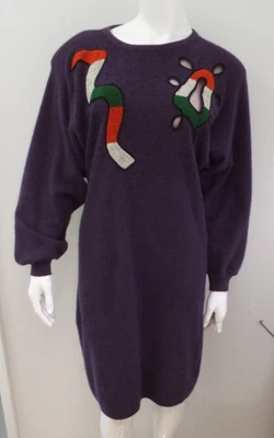 Vestido Suéter Vintage Años 80 Kansai Yamamoto Púrpura Mediano Lana Angora Cuentas Red Foto 1 de 4