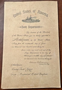 Certificado de cita de guardiamarina de la Marina de los Estados Unidos de colección de los años 30 1933-39 Denny Philipps - Imagen 1 de 3