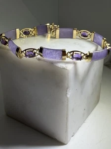 DESIGNER PURPLE JADE & AMETHYST LADIES BRACELET 7” SOLID 14K YELLOW GOLD - Picture 1 of 4