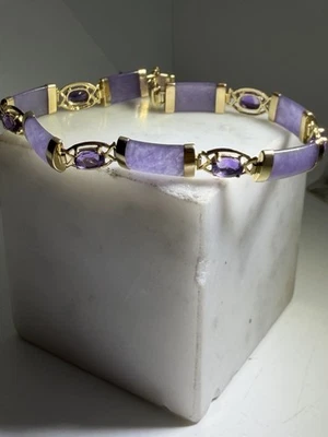 DESIGNER PURPLE JADE & AMETHYST LADIES BRACELET 7” SOLID 14K YELLOW GOLD - Image 1 of 4