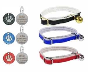 Cuero y Fieltro Gato/Gatito Mascota Collar Hebilla de Seguridad, Campana y Etiqueta de Pata Grabada - Imagen 1 de 7