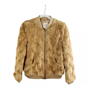 Chaser Vintage Faux Fur Full Zip Bomber Jacket in Tan Retro Vegan Women's Medium - Picture 1 of 10