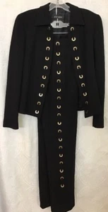 Escada Pants Suit Black Crêpe Laced Gold Ring Trim Hook Up Front Size 36 US 6 - Picture 1 of 12