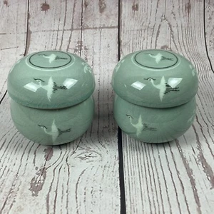 Korean Celadon Lidded Teacups, Inner Tea Strainer, Crackle Glaze Cranes Set Of 2 - Picture 1 of 14