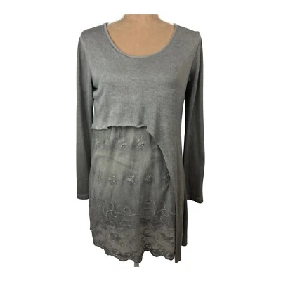 VINTAGE Concept Asymmetrical Mixed Media Embroidered Linen Top Blue/Gray Sz Sm - Image 1 of 4