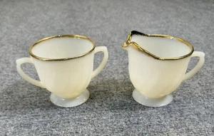 Vintage Fire King Ovenware Creamer and Sugar Set milk glass gold trimmed Classic - Picture 1 of 7