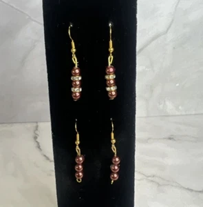 handmade beaded earrings dainty dangle earrings set of 2 bronze colored beads - Picture 1 of 4
