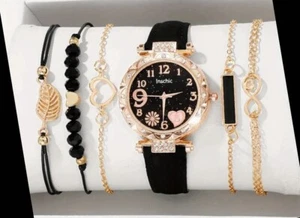 Stunning Women Quartz Watch & Bracelet Set In Black Gold Tone - Picture 1 of 5