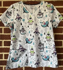 Scrubstar White Penguin, Walrus, and Whale Winter Themed Scrub Top Small - Picture 1 of 3
