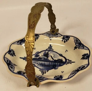 Vintage 1800s Delft Handled Bonbon Dish Basket Blue White Oval Tray 6x5" A80 - Picture 1 of 7