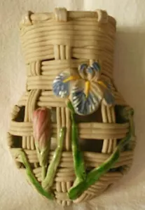Banko WOVEN CLAY ENAMEL FLOWERS Ceramic Wall Pocket ANTIQUE RARE "gifted 1909" - Picture 1 of 12