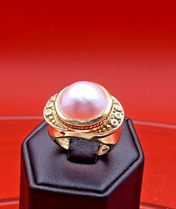 Pink Mabe Pearl 16mm Diamond 14K Yellow Gold Ring size 6