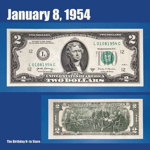January 8, 1954 Birthday Anniversary $2 Two Dollar Bill Serial Number 01081954 - Picture 1 of 2
