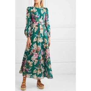 Zimmermann Allia Floral Print Linen Maxi Dress Teal Emerald Floral Long Sleeve - Picture 1 of 15