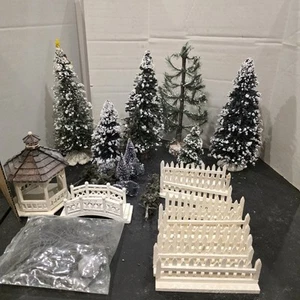 Lemax Christmas Village Gazebo Bridge Fence & Trees Holiday Table Accessories - Picture 1 of 14