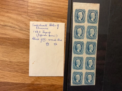 confederate states of america 1863 Jefferson Davis Imperforate Mint block 10c Cover