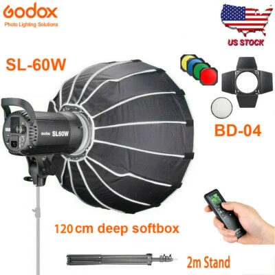 US Godox SL-60W Studio LED Video Light+BD-04 barndoor+ Bowens 120cm Softbox Kit - Image 1 of 4