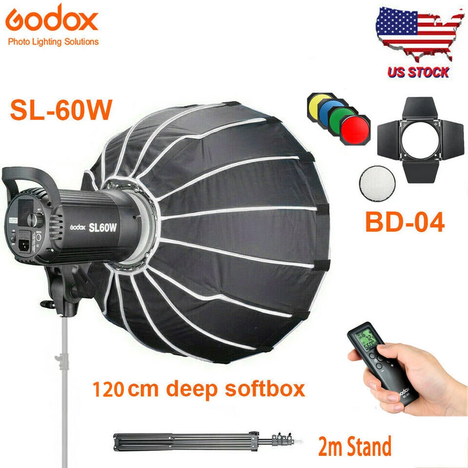 US Godox SL-60W Studio LED Video Light+BD-04 barndoor+ Bowens 120cm Softbox Kit - Image 1 of 4