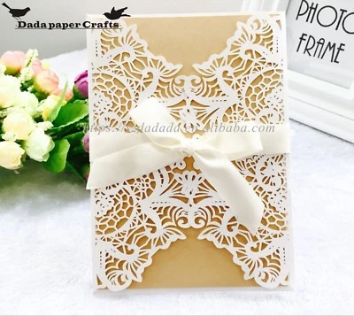 Laser Cut Wedding Invitation Card Hollow Pearl With Envelopes Ribbon All in One - Image 1 of 4