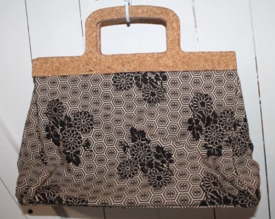 Old Navy Cotton Black/White Handbag Purse Small 12" X 11" Wood/Cork Handle - Image 1 of 4