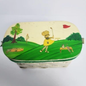 Vintage Caro Nan Wooden/Woven Basket/Purse Hand Made and Painted Golf Theme - Picture 1 of 9