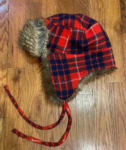 J. Crew Damen Trappermütze Kunstfell Wolle rot/blau kariert Gr. M/L - Bild 1 von 12