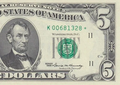 1969 FEDERAL RESERVE NOTE "DALLAS" $5 **STAR NOTE** (( GEM UNC )) - Image 1 of 4