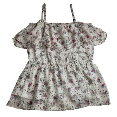 NWT Ella Moss White Purple Gold Metallic Dot Spaghetti Strap Ruffle Top L - Image 1 of 4