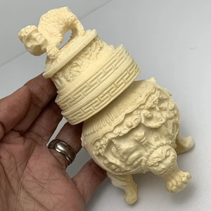 VTG Asian Carved Celluloid Inkwell FOO DOG Cranes Dragon FREE SHIP - Picture 1 of 20