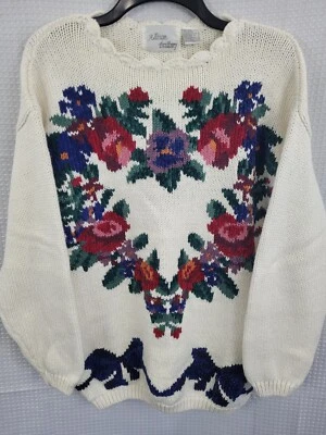 Suéter Tejido Grueso Vintage Allison Brittney Diseño Flor Talla Mediana Foto 1 de 4