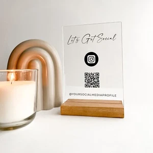 Personalized Wood Base Desk Table Stand Scan QR Code & Social Media Acrylic Sign - Picture 1 of 5