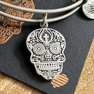 NWT Alex and Ani "CALAVERA" Silver SKULL Charm Adjustable Bracelet w/Card - Picture 1 of 5