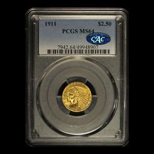 1911 $2.50 Gold Indian Quarter Eagle CAC and PCGS MS 64 - Free Shipping USA - Picture 1 of 3