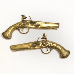 Coppia pistole a pietra Focaia Lombardia in Ottone riproduzione Decorativa Vtg - Imagen 1 de 12