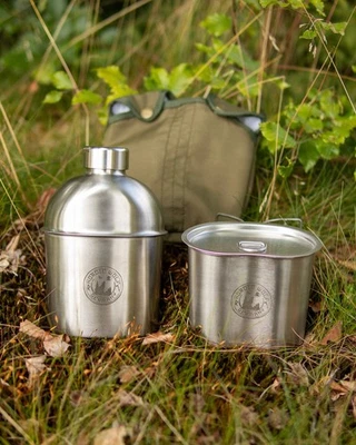 Water Bottle Set Stainless Steel 1.2 Litre with Pot and Lid - Inc Bag Bushcraft - Image 1 of 4