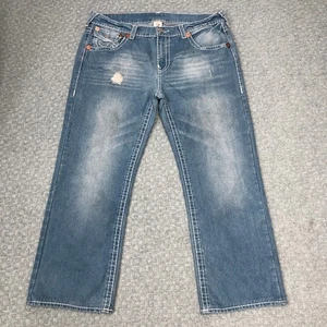 True Religion Jeans Mens 42 Blue Ricky Super T Straight Leg Distressed USA Denim - Picture 1 of 14