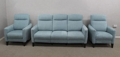 Furniture Village Petit Blue Fabric Power 3 Seater Sofa & 2 Static Armchairs - Image 1 of 4