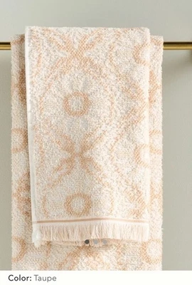 Anthropologie Bathroom Hand Towel Oline Terrycloth Neutral Floral w Fringe - Image 1 of 3